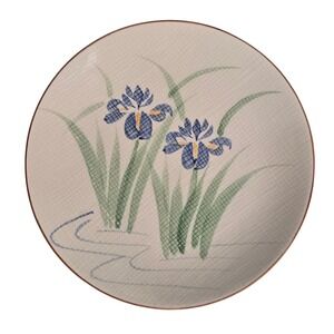 Ono Japan Ceramic Plate Blue Iris Flower Hand Painted Crackle Glaze Round 12.25"